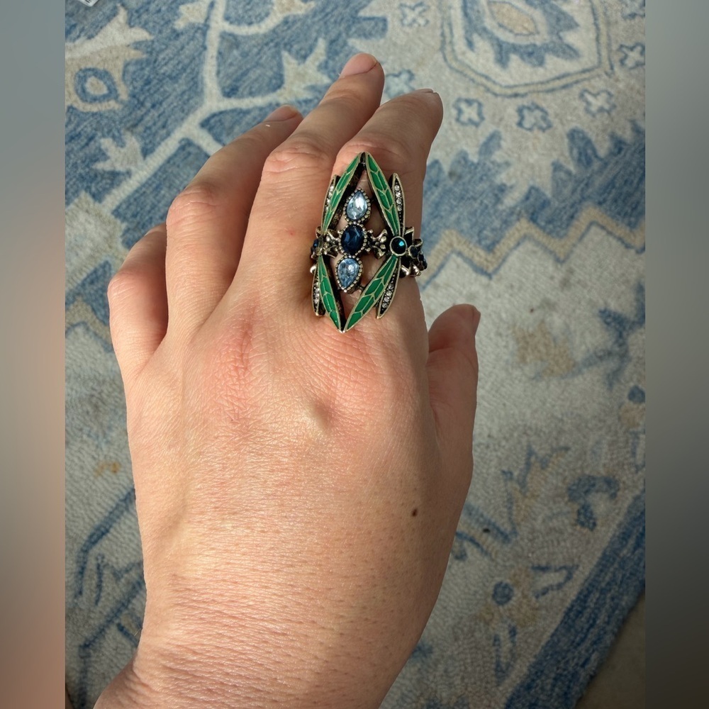 Vintage Enamel Art Deco Ring – Blue Crystal Gold Statement Jewelry - Picture 9 of 11
